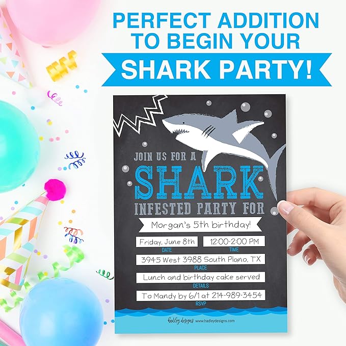 Hadley Designs Kids Birthday Invitations For Boys Shark Theme - 25 Shark Birthday Party Invitations For Boys, Sea Creature Invites For Boy, Cute Ocean Party Supplies, Made In USA