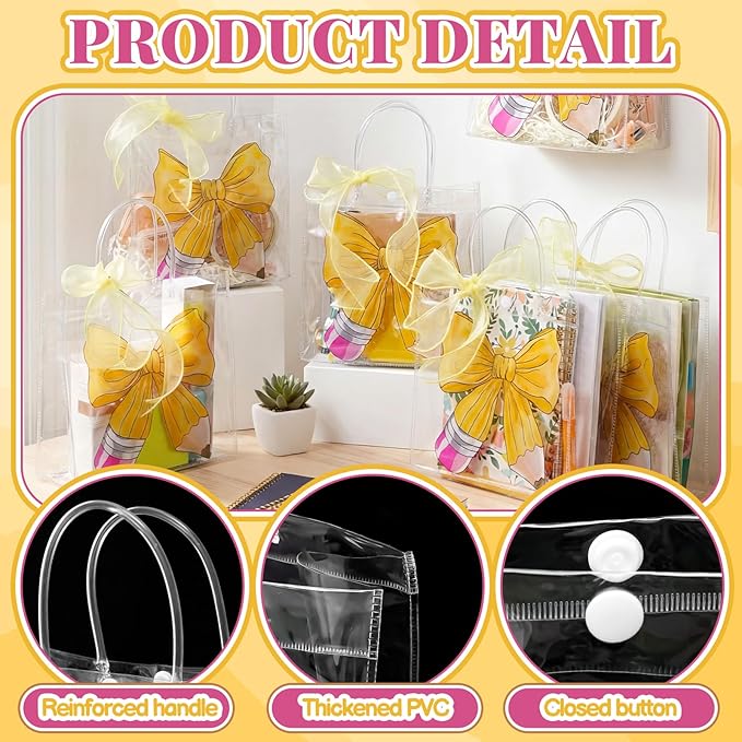 Motipuns 24 Pcs Clear PVC Gift Bags with Handles and Ribbon Party Favor Reusable Plastic Goodie Candy Treat Bags for Birthday Party Supplies (Pencil)