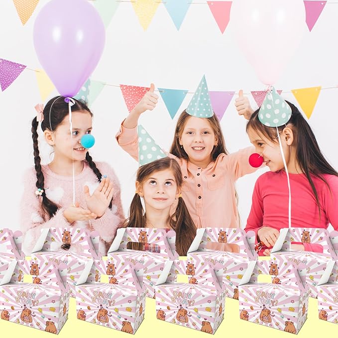 BGFMVS 12 Pack Pink Capybara Birthday Candy Boxes with Handles, Radiant Stripes Cake Gift Boxes for Adults Boys Girls Kids, Lovely Capybara Indoor Outdoor Birthday Party Favor Decorations