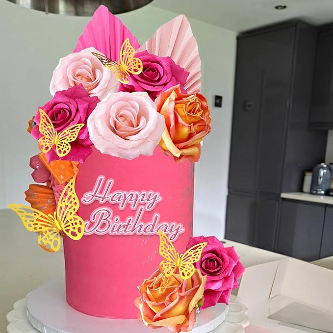 Boho Cake Topper Flower Palm Leaves Cake Decorations for Bohemian Wedding Baby Shower Birthday Party Supplies (Hot Pink)