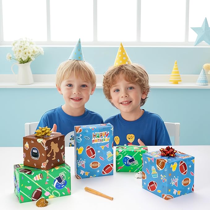 WERNNSAI Football Wrapping Paper Rolls - 3 Short Rolls Sports Gift Wrap Paper Kids for Kids Birthday Party Gift Packing Supply Green Brown Blue Wrapping Paper with Cut Lines 17 in x 10 ft