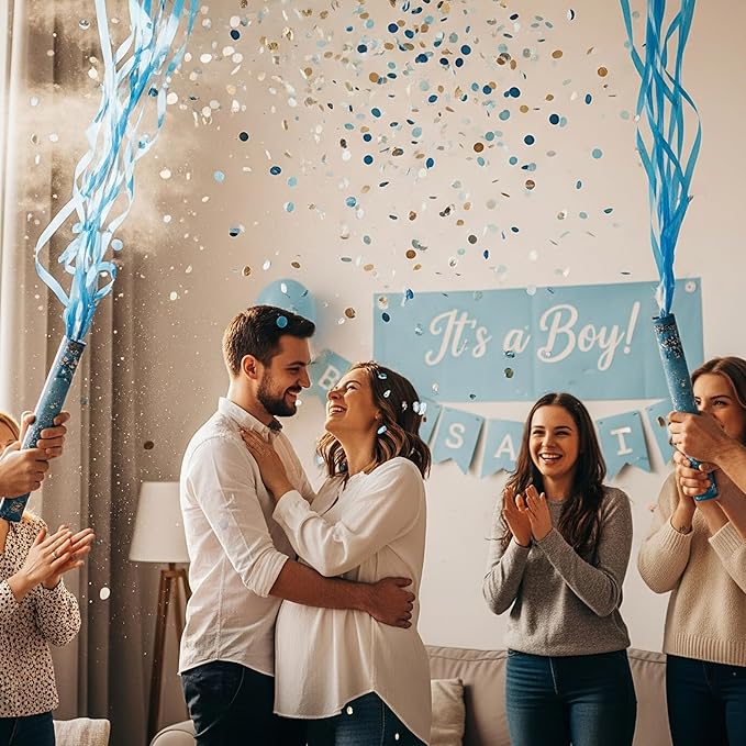 Gender Reveal Heart Sticker Tree Balloons, Black Baby Boy or Baby Girl Balloons, with Pink and Blue Heart Stickers and Confetti for Gender Reveal & Baby Shower