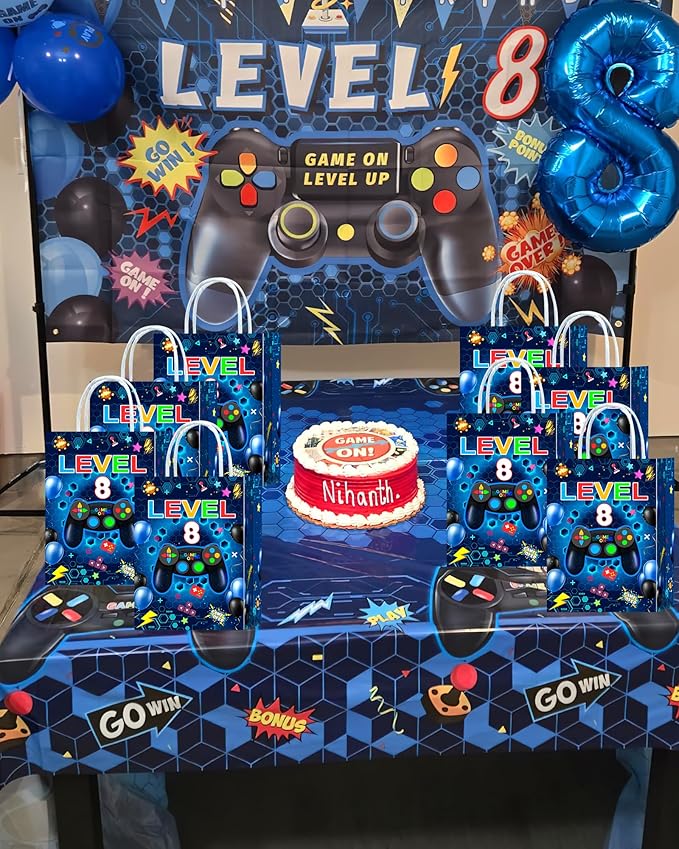 Tyndallrays 16 Pieces Video Game 8th Birthday Party Favors Bags,Video Game Level 8 Gift Snacks Treat Candy Favors Bags with Handles for 8th Birthday Party Decorations