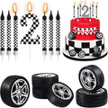 13 Pcs Racing Cars Themed Birthday Candles, Black and White Checkered Birthday Cake Candles, Numeral 2Candle Wheel Tire for Racing Car Party Decoration Theme Party Supplies