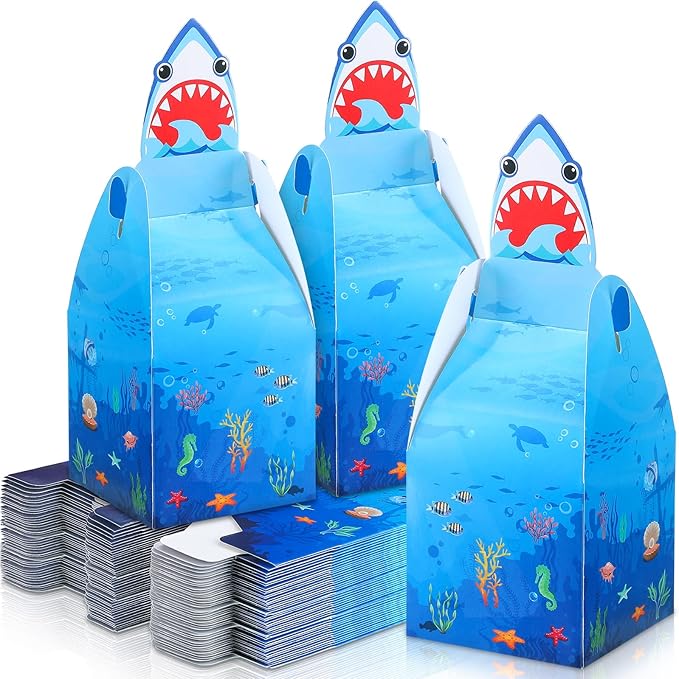 Frienda 50 Pcs Kids Shark Party Favor Treat Boxes Shark Goodie Candy Bags Bulk Shark Birthday Gift Cardboard Boxes Ocean Themed Party Decoration for Kid Cute Sea Shark Party Supplies
