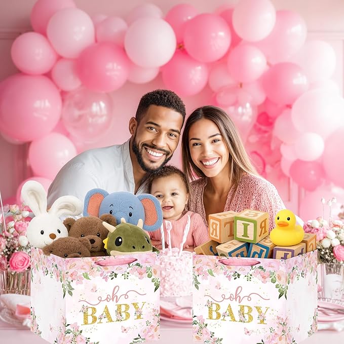 Extra Large Baby Gift Bag, Pink Floral Square Gift Bags Baby Shower Wrapping Paper Bag with Tissue Paper Oh Baby Jumbo Gift Bags for Sweet Baby Girl New Parents Gender Reveal Party Favors