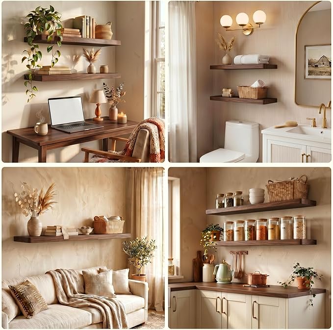 18 Inch Floating Shelves, Solid Wood Wall Shelves, 8 Inch Deep Floating Shelf – for Bathroom, Bedroom, Living Room, Kitchen, Home Decor & Storage, Heavy-Duty Wooden Shelf Wall-Mounted, Set of 2