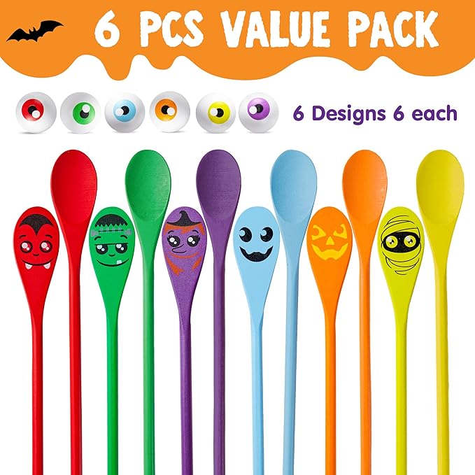 JOYIN Halloween Egg and Spoon Race Game Set; 6 Eyeballs and Spoons with Assorted Colors for Kids Adults Halloween Outdoor Fun Games, Party Favor Supplies, Classroom Activities