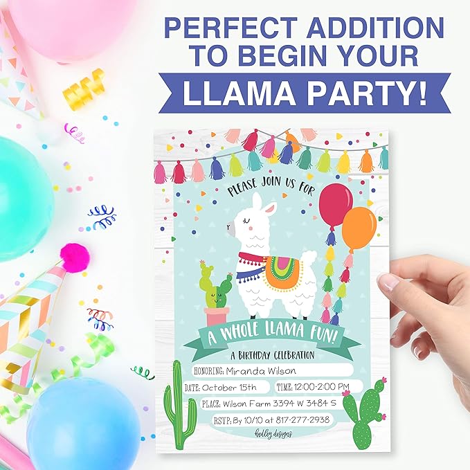 Hadley Designs Kids Birthday Invitations For Boys and Girls Mexican Theme - 25 Llama Birthday Party Invitations For Boys, Fiesta Invites For Girls, Cute Alpaca Cactus Party Supplies, Made In USA