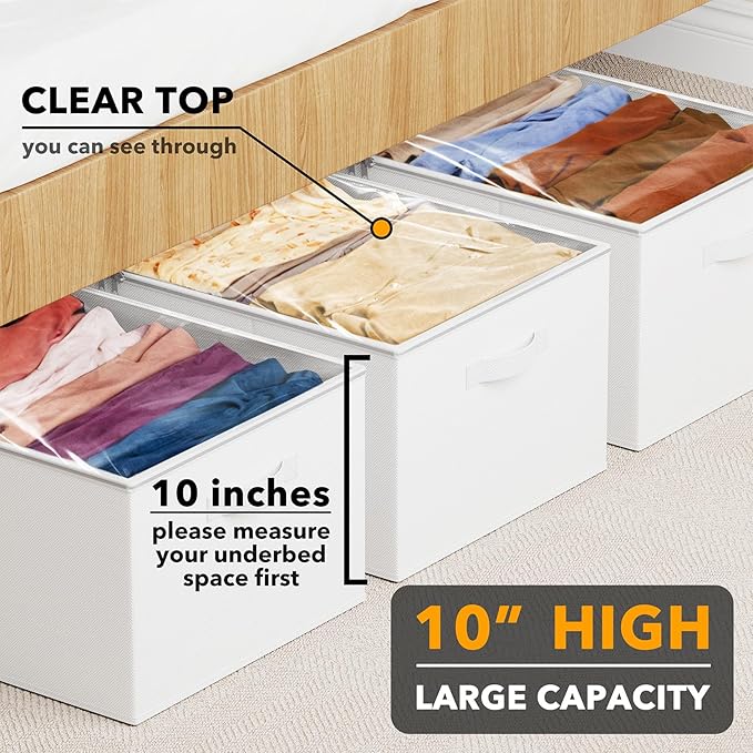 SpaceAid 3 Pack 10" High Under Bed Storage Containers, Large Underbed Storage Organizer Bins with Lids for Bedroom, Dorm, Clothes, Closet Organization, Bed Sheets and Blankets (White)