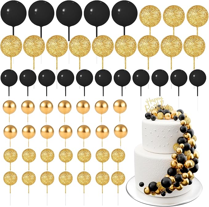 60Pcs Glitter Cake Balls Decorations Foam Cake Topper Balls Mini Balloon Cupcake Toppers for Cake Decorating Birthday Baby Shower Party (Glitter Black Gold)