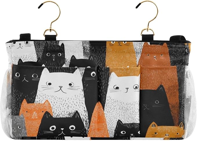 Bedside Caddy Hanging Bunk Bed Caddy Bed Organizer Hanging Pocket with 2 Hooks Bedside Storage Organizer Pocket Bag Holder Black and White Orange Cat