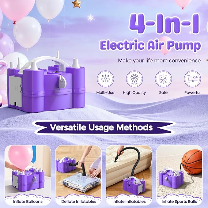 Keaibuding Electric Balloon Pump, 4-in-1 Balloon Blower with Triple Inflating Ports for All Balloons, Air Pump for Sports Balls, Inflator& Deflator for Inflatables (Dust-Proof Storage Bag Included)