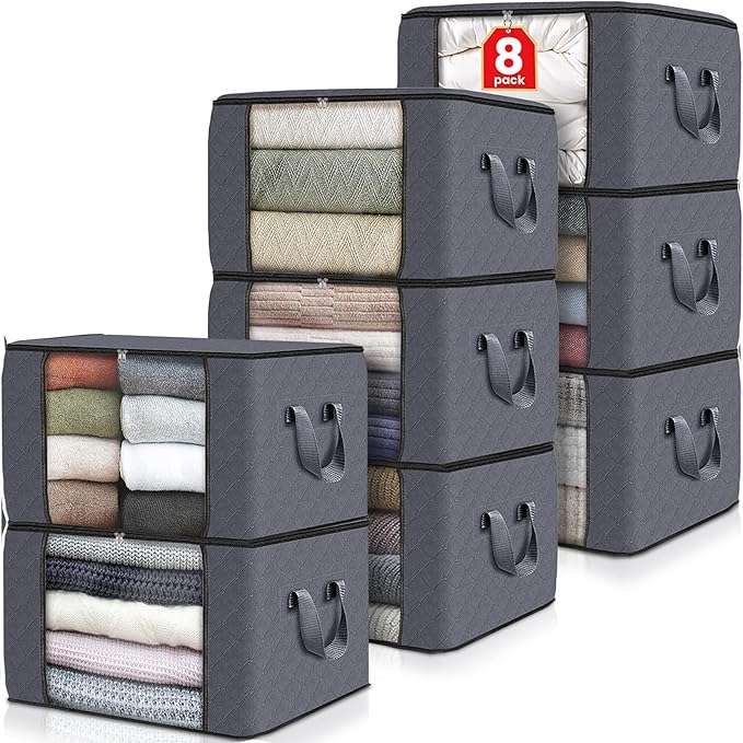 Fab totes Storage Bags,Clothes Blanket Storage Bins Foldable Closet Organizers with Reinforced Handle for Home Dorm Storage and Organization,Fabric Bags for Organizing Sheets,Clothing (Grey,8 Pack)