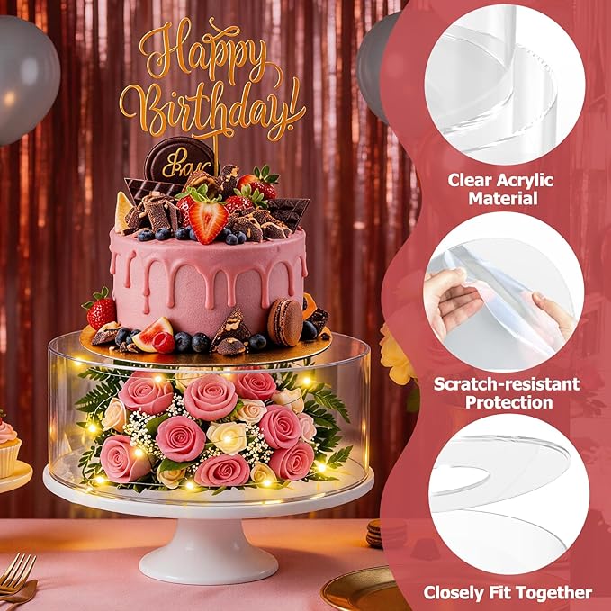 SAMYUCHO 3 Pcs Acrylic Cake Stand 6" Dx4 H 8" Dx4 H 10" Dx4 H with Led Lights for Party Wedding Cake Stand Tier Clear Cake Cupcake Display Centerpiece Floating Cup Cake Supports Stands for Stacking