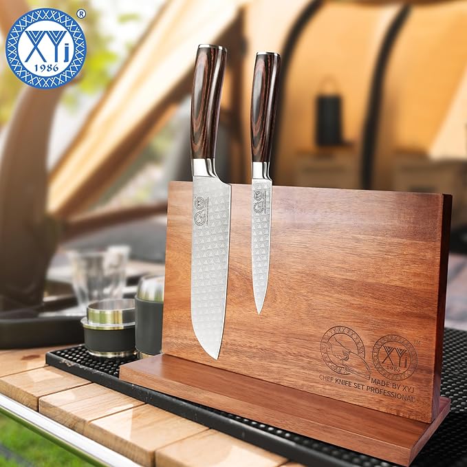 XYJ Magnetic Knife Block Holder Rack Acacia Wood Magnetic Stands with Strong Enhanced Magnets Multifunctional Knife Holder Kitchen Storage Organizer Tool Accessories