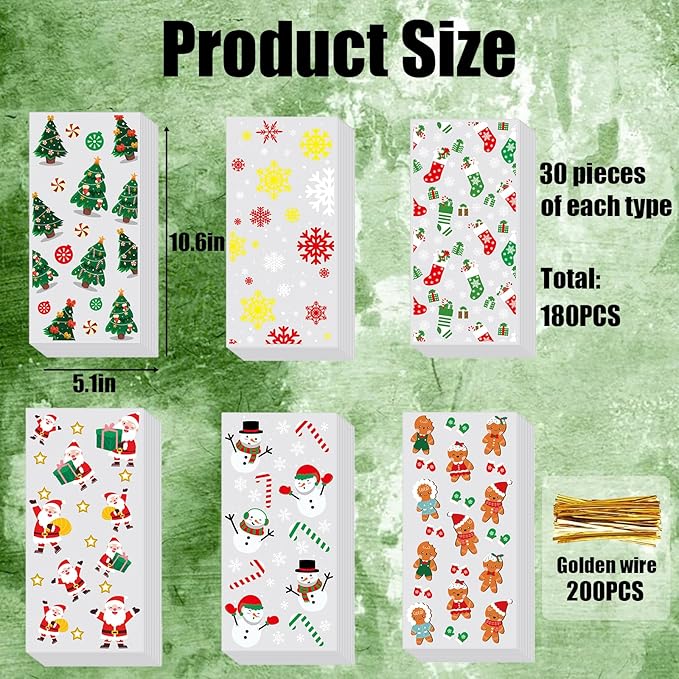 EatnMgan 180Pcs Christmas Cellophane Treat Bags,Santa Claus Goodie Candy,Cellophane Bags,Xmas Party Favors Bags Cellophane Candy bags with 200Pcs Twist Ties for Christmas Party Supplies