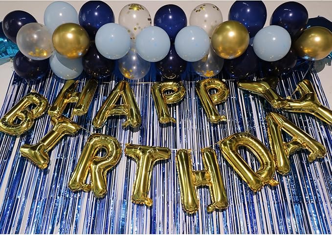 Blue Gold Birthday Decorations Happy Birthday Banner Blue Streamers Fringe Backdrop Blue Gold Birthday Party Decorations for Men