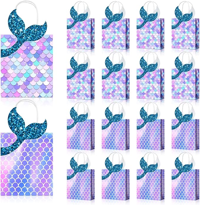 Leinuosen 16 Pcs Mermaid Party Favor Bags Mermaid Gift paper Bags with Handles Princess Theme Birthday Decoration Treat Candy wrap packs for Baby Shower Birthday Pool Party Supplies
