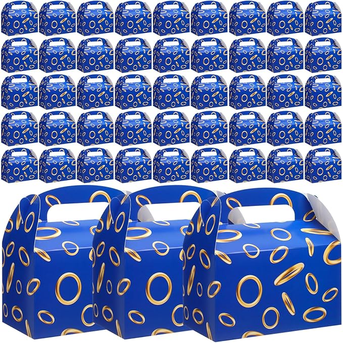 Marspark 48 Pack Blue with Gold Ring Party Favor Treat Boxes with Handles Theme Paper Goodie Candy Gift Gable Boxes for Video Game Birthday Party Decorations(Blue and Golden)
