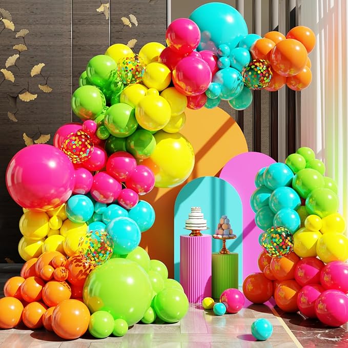 Tropical Balloons Arch kit, 131Pcs Hawaiian Summer Party Balloons Different Size with Hot Pink Green Orange Yellow Teal Blue for Tropical Hawaiian Party Decorations