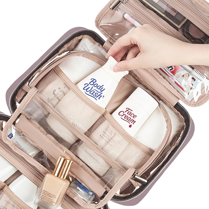 NISHEL Travel Toiletry Bag for women, Portable Hanging Organizer for Travel-Sized Shampoo, Conditioner, Brushes Set, Makeup Accessories, Medium Size, Peach Pink