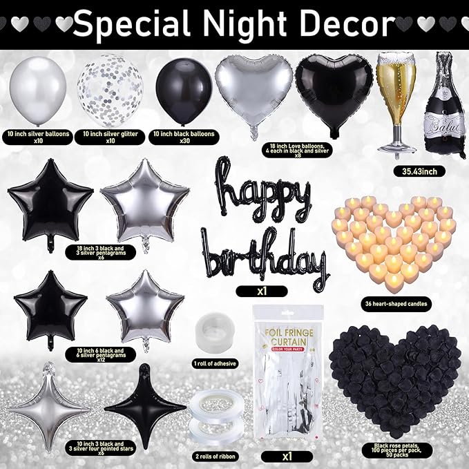 Realspring 120 Pcs Happy Birthday Decorations Set Balloons Letters Banner with Candle LED Light Champagne Bottle Wine Glass Rose Petals for Birthday Party Room Decor(Black and Sliver)