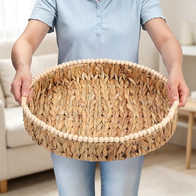 Round Wicker Tray 16'' Water Hyacinth Woven Tray with Handles Decorative Large Serving Trays for Coffee Table for Kitchen, Living Room, Bedroom Home Decor(Water Hyacinth)