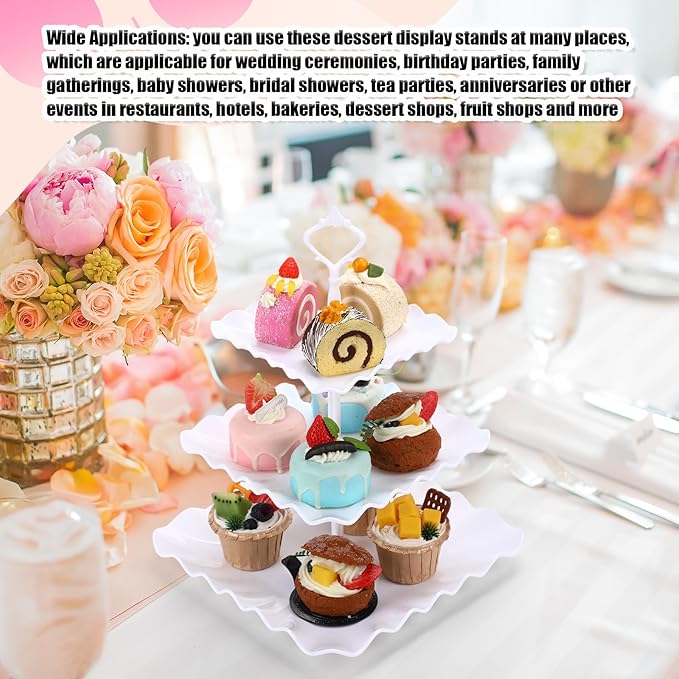Chunful 8 Pack 3 Tier Cupcake Stand Bulk Square Tiered Dessert Stand Holder Wave Edge Thick Plastic Serving Tray Dessert Table Display Set Tea Cake Holder for Wedding Birthday Party (White)