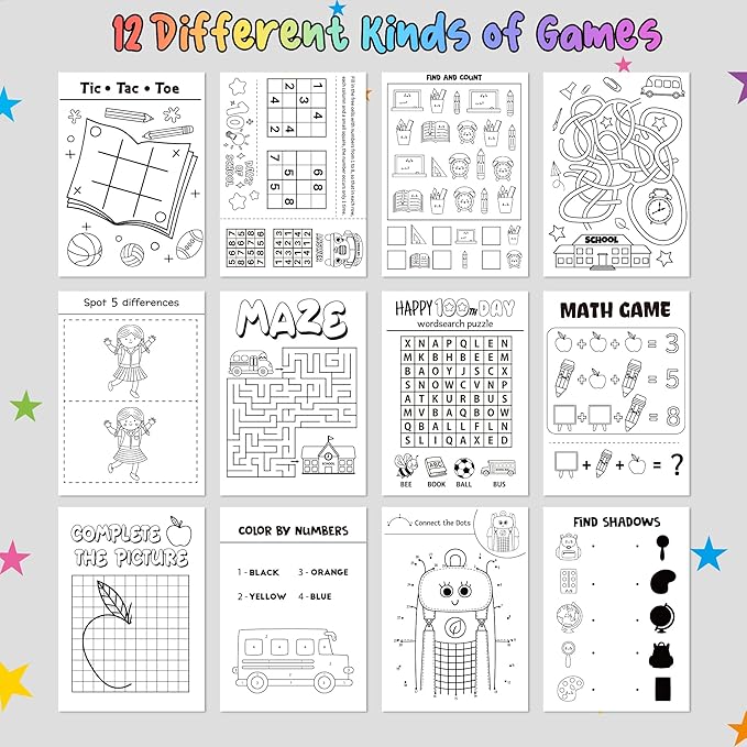 Black 100th Day of School Activity Books for Kids - 24Pcs Happy 100 Days Black Mini Games Coloring Book Set Bulk Mazes Word Search Word Scramble Games for School Classroom Reward DIY Gift Party Favors