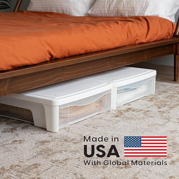 IRIS USA 22 Qt Under Bed Storage, Stackable Organizer Bin Plastic Container with Sliding Drawer, 2 Pack, Multi-Purpose for Clothes, Shoes, Bedding, White