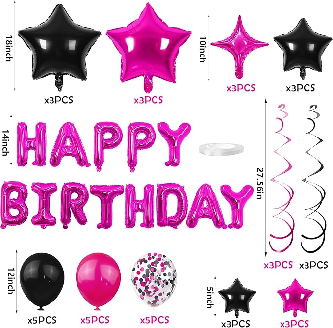 56 PCS Happy Birthday Balloons Happy Birthday Banner Rose Red and Black Balloons for Boys Men Girls Women 16th 18th 20th 21st 25th 30th 40th 50th 60th Birthday Party Decorations