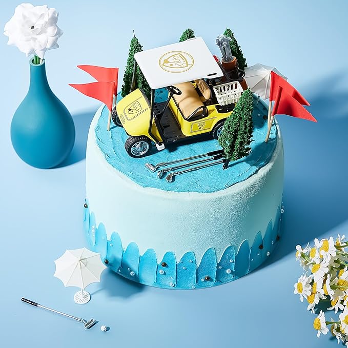 Leitee 21 Pcs Golf Cake Topper Cake Decoration Cupcake Topper Include Mini Cart Red Flag Ball Green Tree Club Sun Umbrella for Golf Themed Birthday(Yellow,Classic)