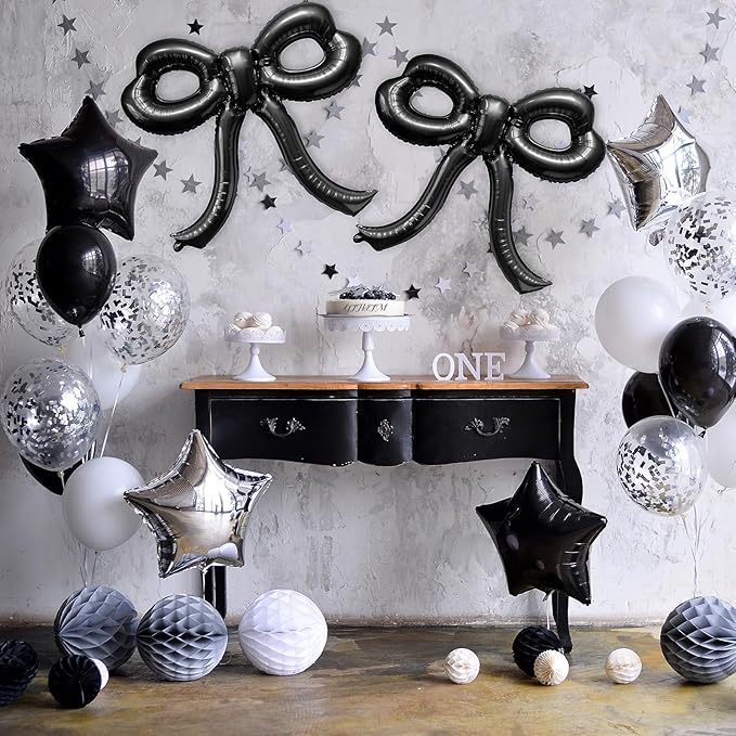 4 Pcs Bow Birthday Decorations Black Bow Balloons Bow Party Decorations Giant Foil Balloon for Girl Women Baby Shower Bridal Engagement Wedding Decor Bachelorette Party Supplies