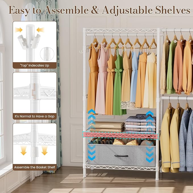 Golpart Coat Rack Clothes Wardrobe：Closet Organizer and Storage Clothing Garment Rack with Shelves Heavy Duty for Hanging Clothes Portable Adjustable White 15.8" DX(70-88)" WX76.5 H