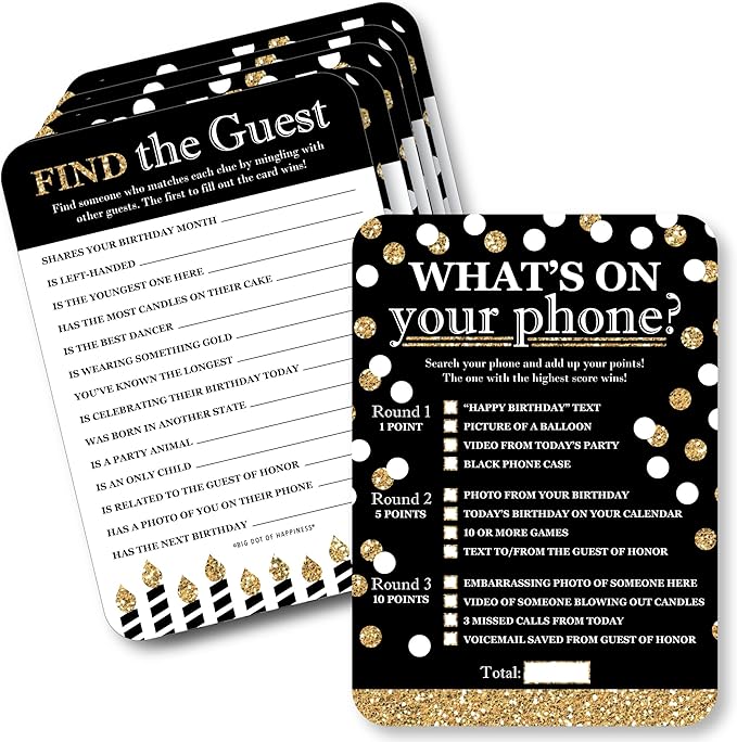 Big Dot of Happiness Adult Happy Birthday - Gold - 2-in-1 Birthday Party Cards - Activity Duo Games - Set of 20