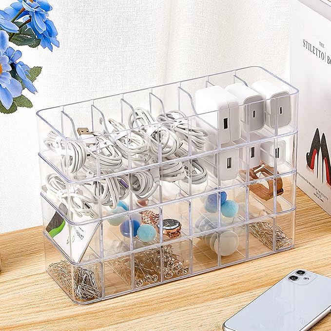 Tatuo 1 Pcs Cable Organizer with 10 Wire Ties, Plastic Cord Storage Charger Box Electronics Organizer with Adjustment Compartments Cable Storage for Drawer Home Office Desk Accessories (Clear)