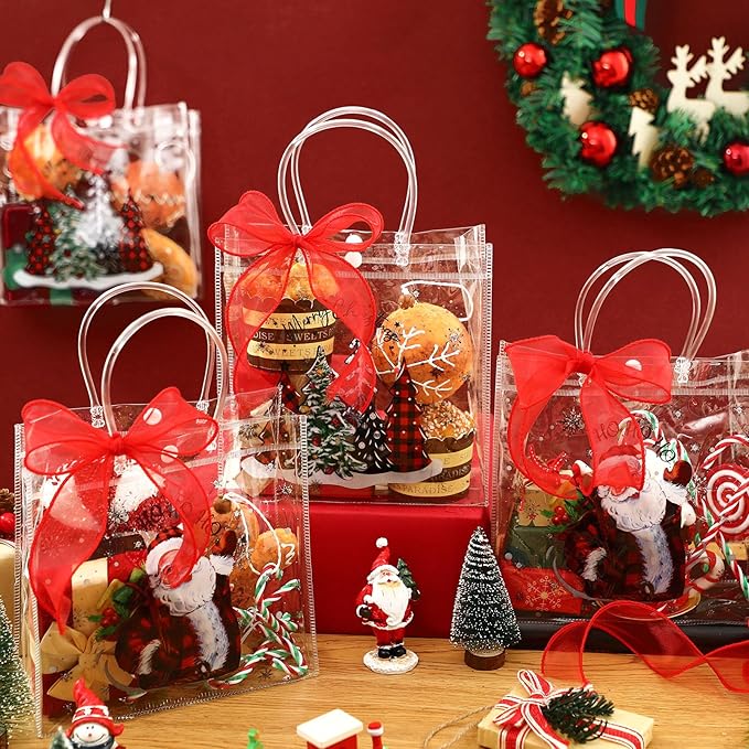 Motipuns 24 Pcs Clear PVC Gift Bags with Handles and Ribbon Party Favor Reusable Plastic Goodie Candy Treat Bags for Birthday Party Supplies(Tree)