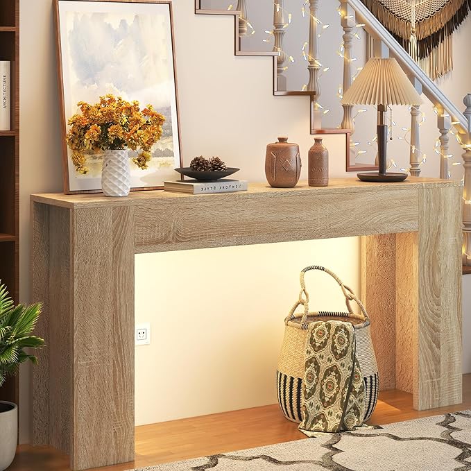 knoworld 63-Inch Long Console Table with LED Light, Farmhouse Sofa Table Behind Couch, Wooden Console Table for Entryway Hallway Entrance Living Room, Nature