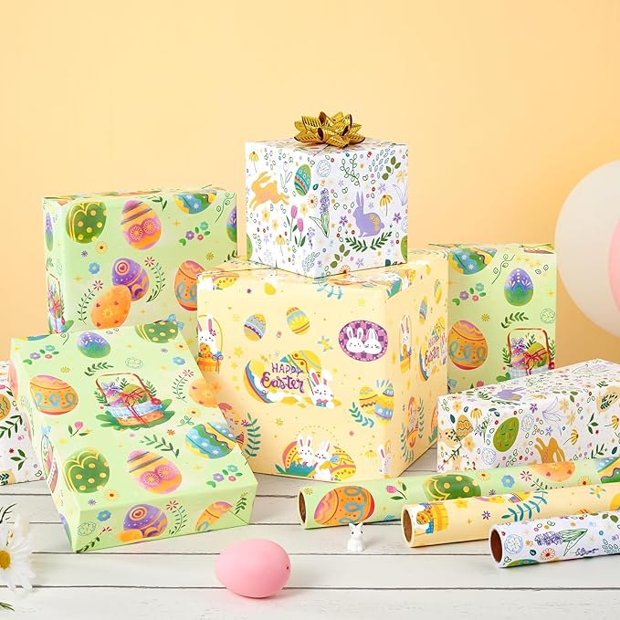 WERNNSAI Easter Wrapping Paper Roll - 3 Roll 17” x 120” Easter Gift Wrapping Paper for Kids Easter Bunny Wrapping Paper Yellow Green Easter Eggs Wrapping Paper Easter Decor Baby Wrap Festival Supply