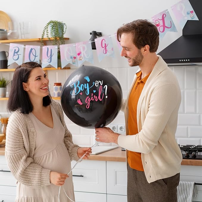 Large Gender Reveal Balloons - 2pcs 36 Inch Black Boy or Girl Balloon with Pink and Blue Confetti for Baby Shower Gender Reveal Ideas Party Decorations