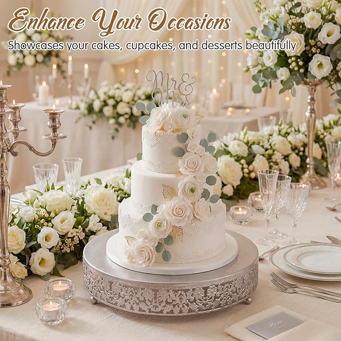 Wenqik 12 Inch Silver Cake Stand Set Metal Round Cupcake Dessert Stand with Cake Cutting, Spatula Wedding Cupcake Pastry Display Candy Holder Display for Wedding Party Birthday Baby Shower (Flower)
