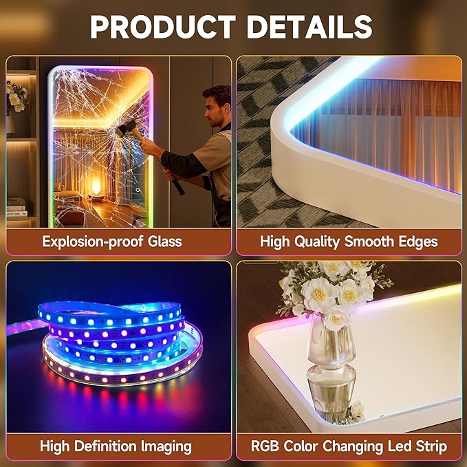 Hasipu 55"x15.7" LED RGB Door Mirror Full Length, Full Body Full Length Over The Door Mirror with Lights, Door Hanging & Wall Mounted Mirror for Bedroom, Living Room, Cloakroom