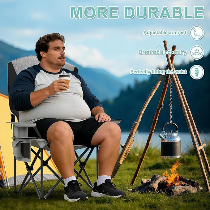 Oversized Camping Chairs 2 Pack - 500lbs Support Folding Camping Chair for Adults w/Padded Back & Arm Sport Chairs, Cup Holder Cooler Bag, Heavy Duty Portable Lawn Chairs for Sports Garden Beach
