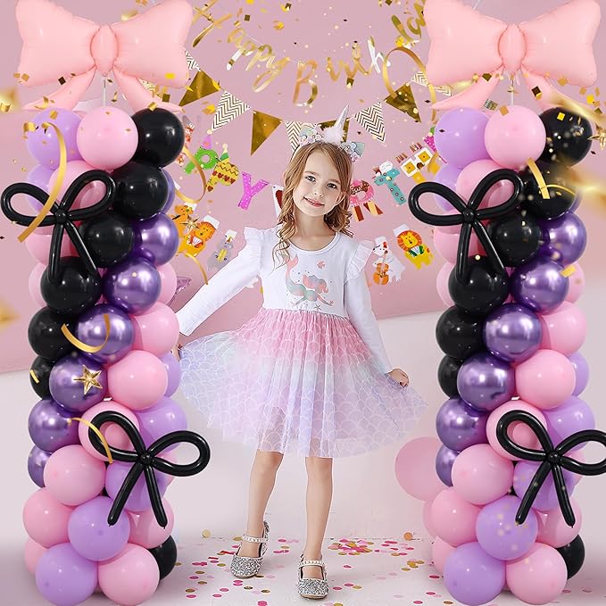 Pink and Purple Black Balloon Column Stand Arch Kit Set of 2 with 140PCS Pink Purple Black and Bows Balloons for Girls Women Baby Shower Princess Birthday Party Supplies