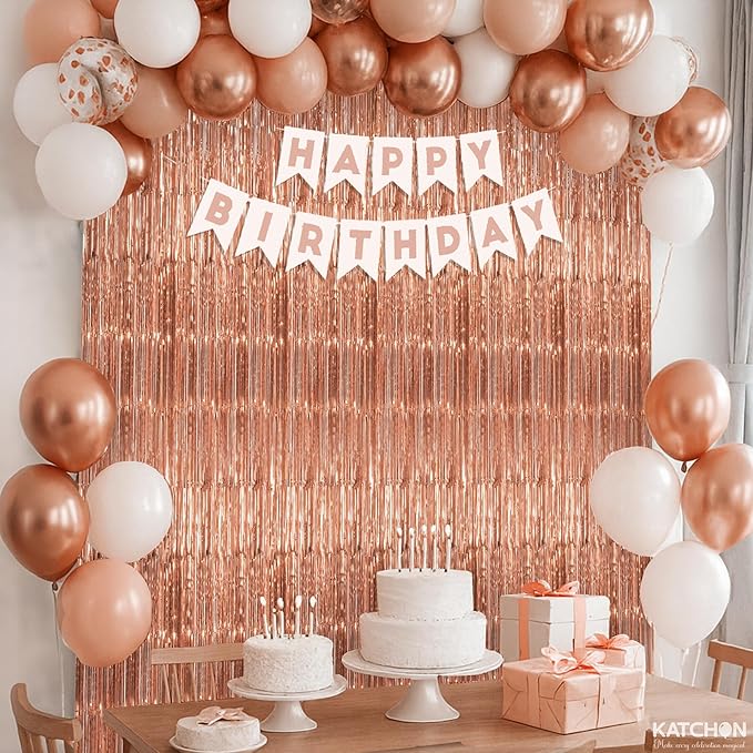KatchOn Rose Gold Party Decorations Set – Pack of 52 | Rose Gold Fringe Backdrop with Latex Balloons Confetti Balloons for Birthday, Wedding, Anniversary, Bridal Shower, Bachelorette Party Decorations