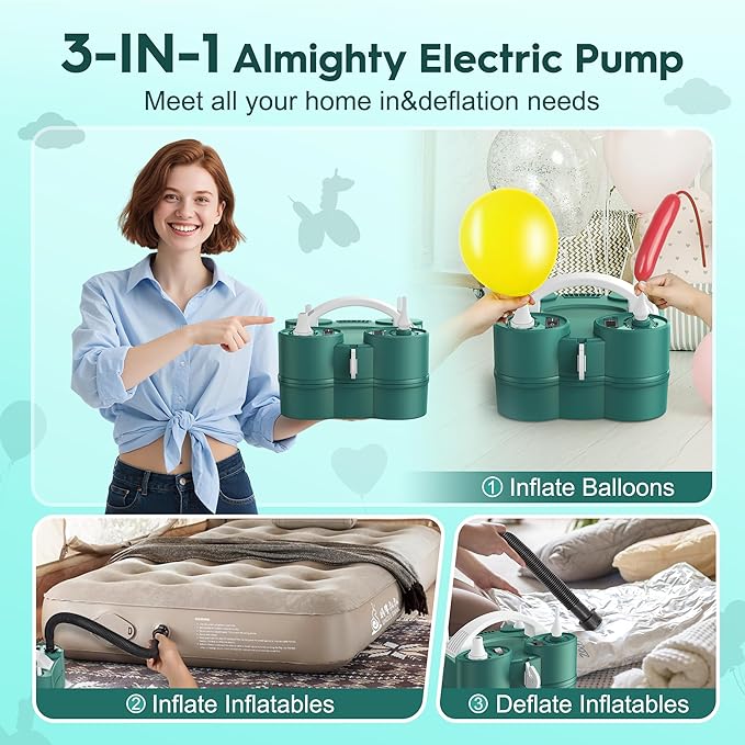Balloon Pump, LooLaa 3-in-1 Air Pump for Inflatables and Balloons, Electric Balloon Pump for Latex 260q Foil Balloons, Quick-Fill 110V AC Inflator Deflator for Pool Floats Air Mattress Inflatables