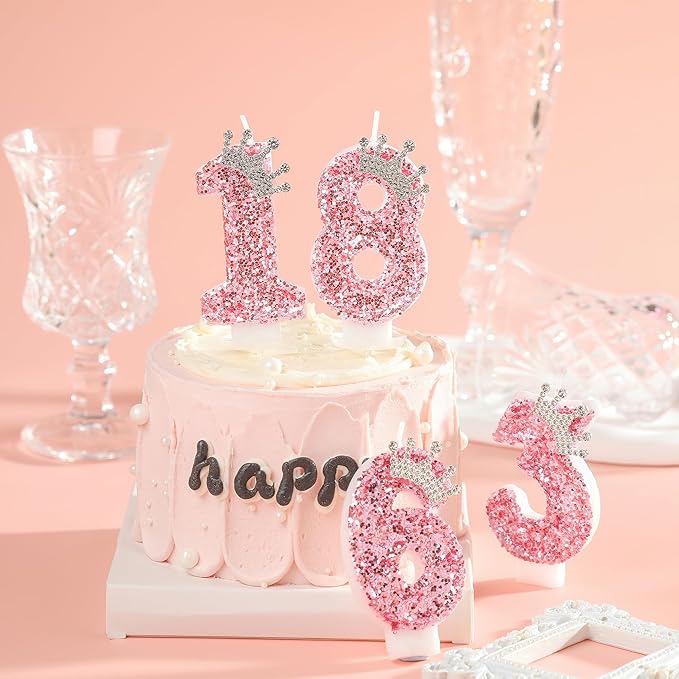 PHD CAKE Birthday Number Candles,Pink Crown Birthday Candles for Cake,Glitter Number 3 Candle Cake Topper with Sequins for Girls,Women, Anniversary Celebrations Supplies