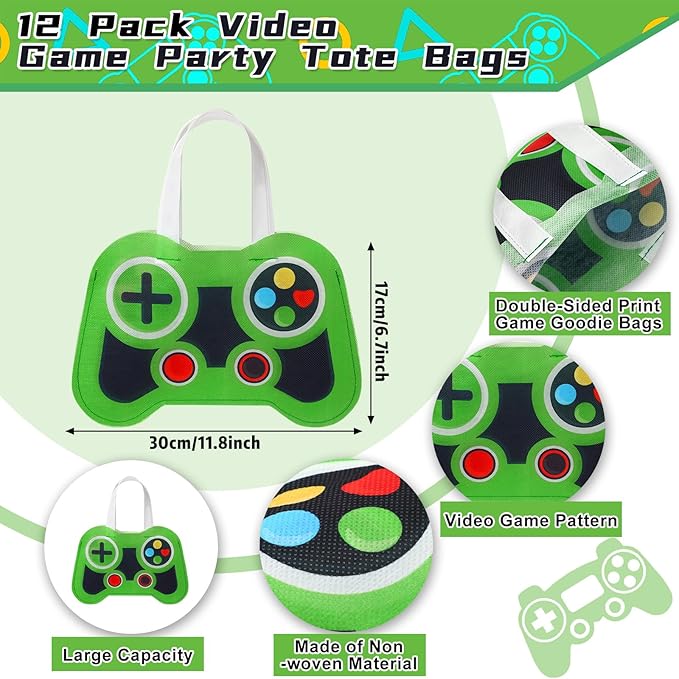 Silkfly 12 Pcs Video Game Party Favor Bags Non Woven Reusable Gaming Goodie Treat Gift Bags with Handles Gaming Party Supplies Class of 2026 Graduation Favors (Green)