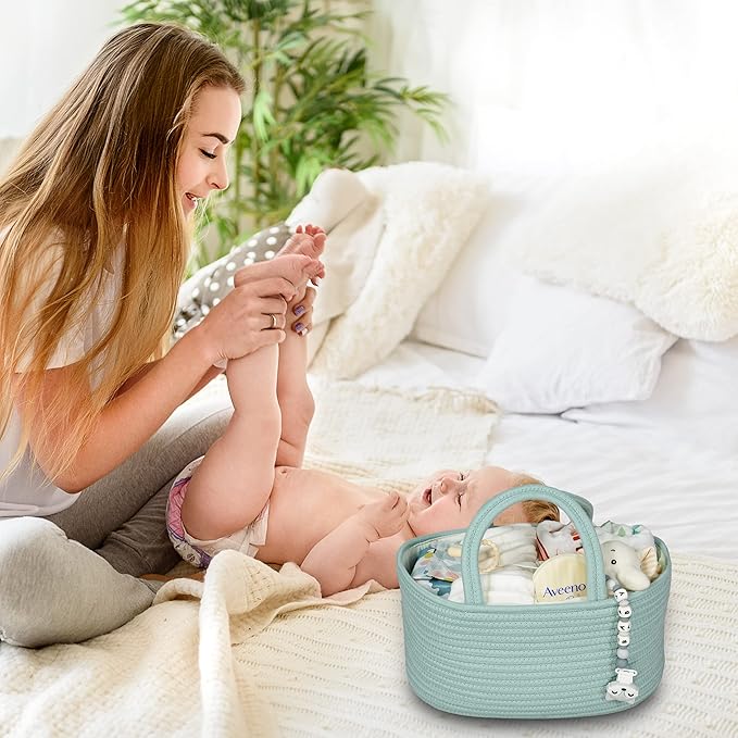 Diaper Caddy Organizer for Baby Cotton Rope Nursery Storage Bin Basket Portable Holder Tote Bag for Changing Table Car Travel Baby Shower Gifts Newborn Essentials Registry Must Haves Light Green